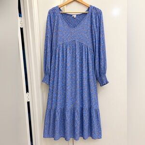 Baltic Born Blue Floral Smocked Midi Dress Cottagecore Prairie Size L